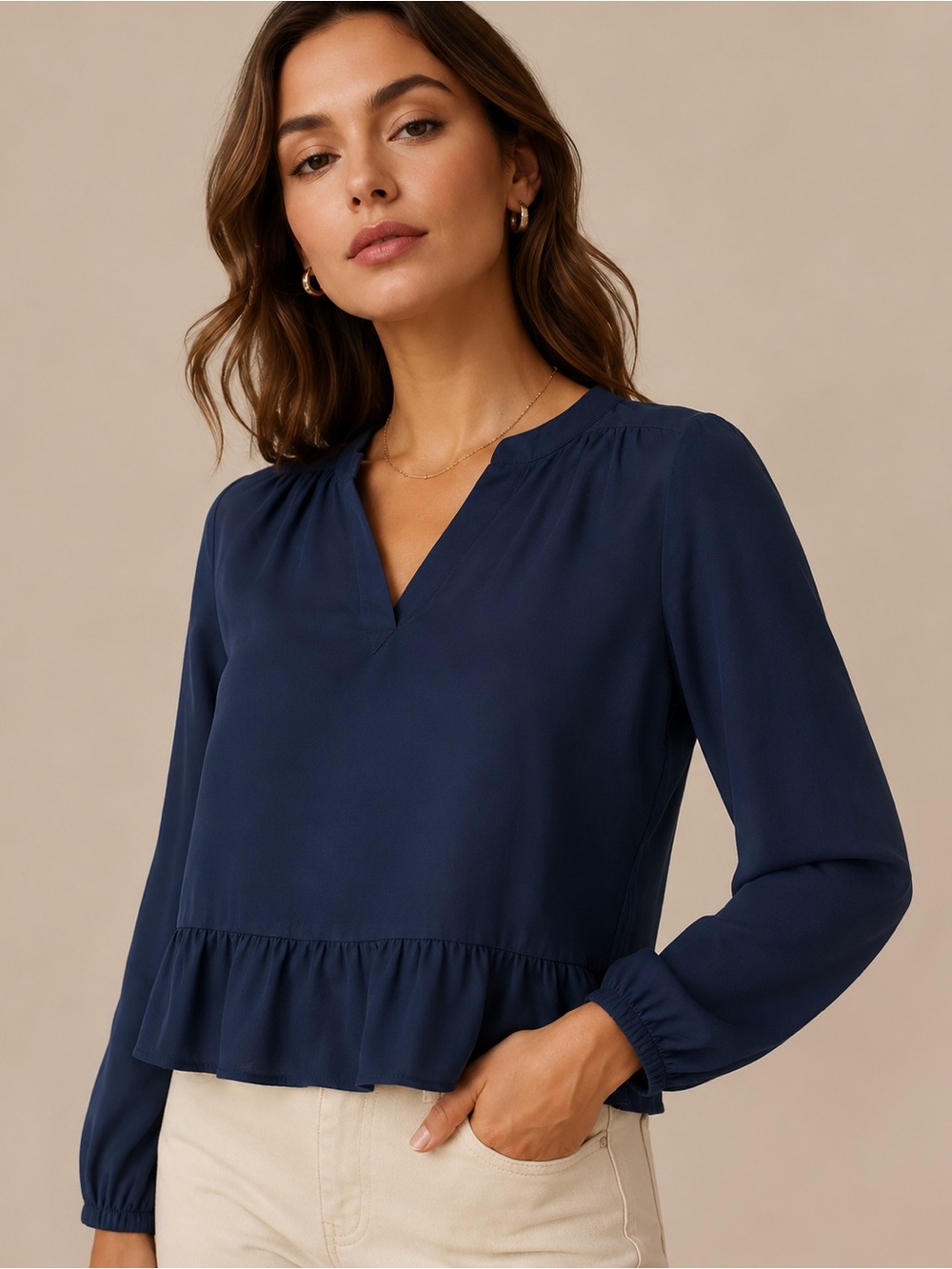 LOFT Navy V-Neck Long-Sleeve Peplum Top